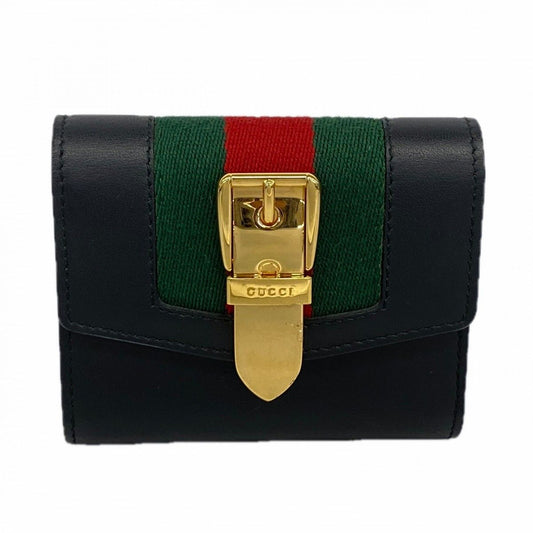 Gucci Trifold Wallet Sherry Line Leather Black Gold