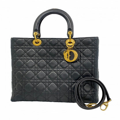 Dior Handbag Cannage Lady Leather Black Gold 2-Way