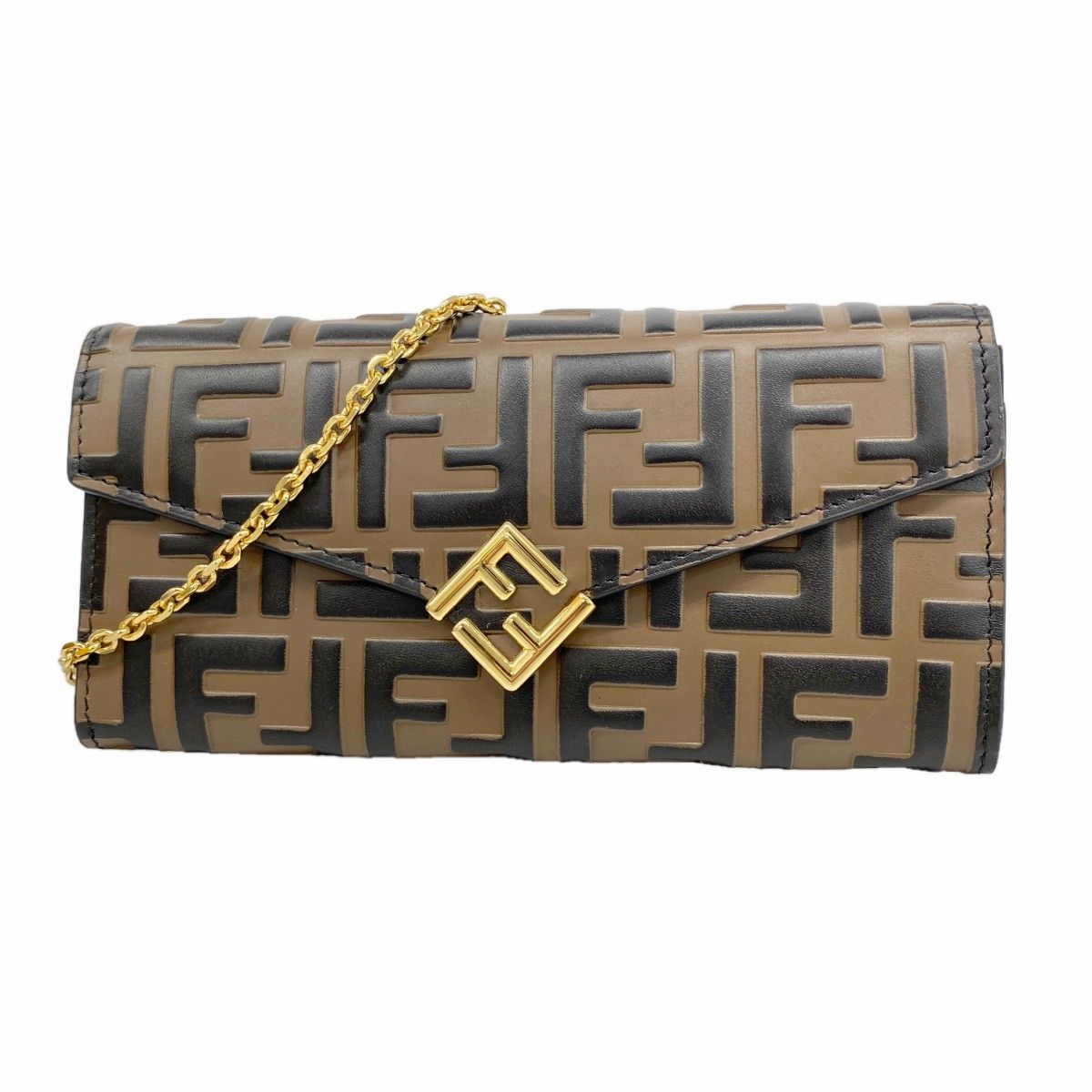 Fendi Shoulder Wallet Leather Brown Black Gold