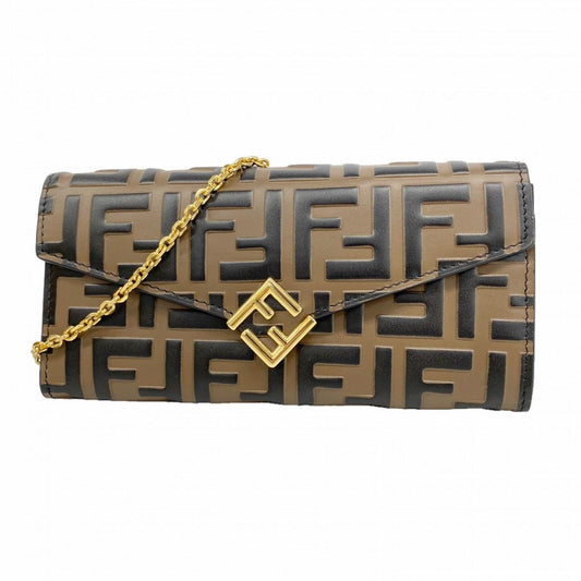 Fendi Shoulder Wallet Leather Brown Black Gold