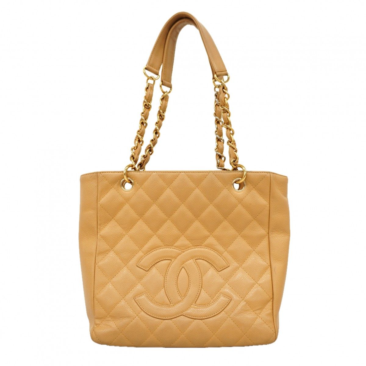 Chanel Chain Tote Quilted Caviar Leather Beige Gold