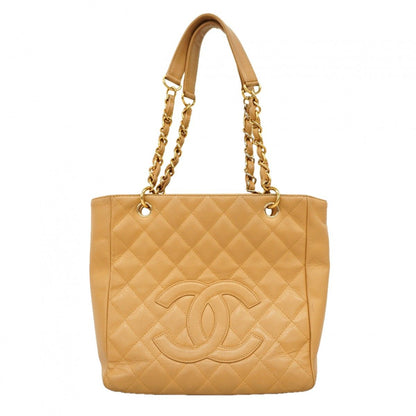 Chanel Chain Tote Quilted Caviar Leather Beige Gold