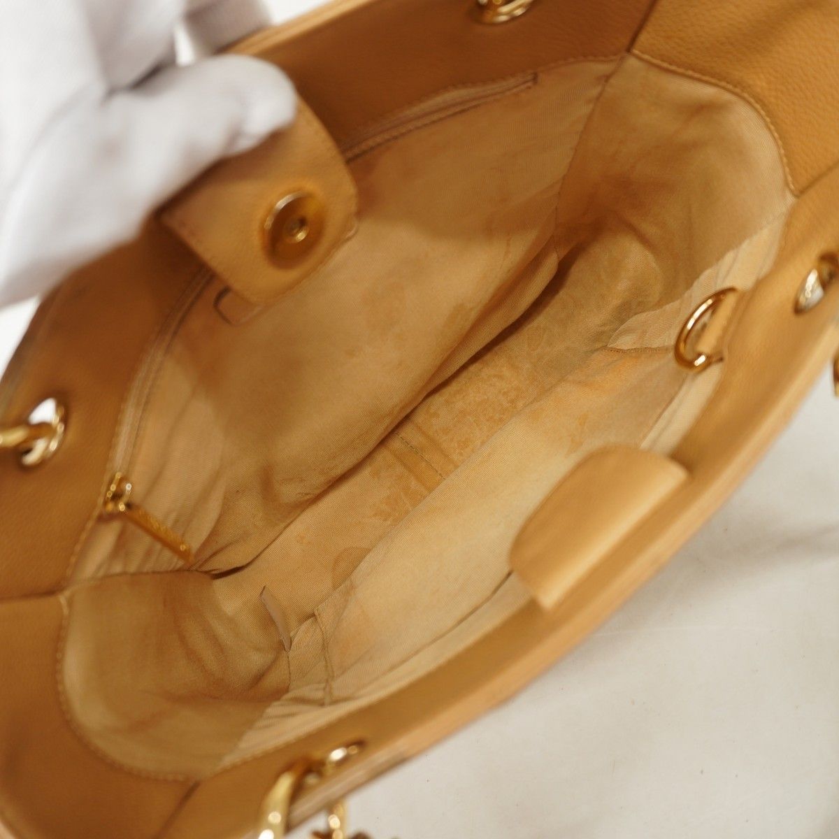 Chanel Chain Tote Quilted Caviar Leather Beige Gold — view 4