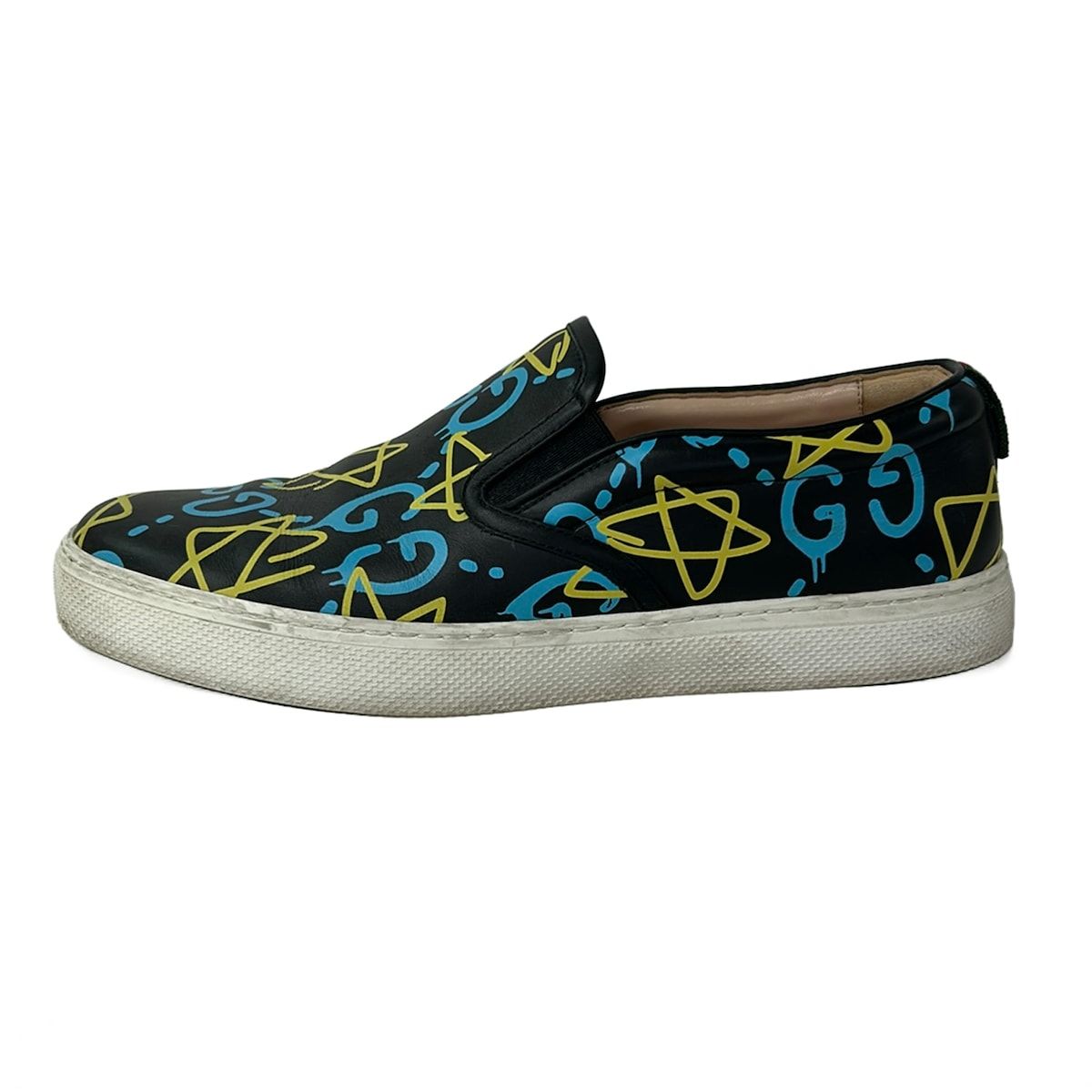 Gucci Slip Ons 8 C Ghost Black Light Blue Yellow Leather Slipper