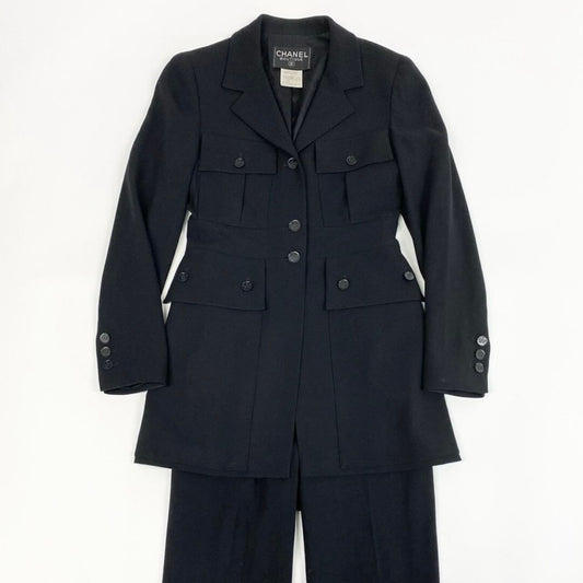 Chanel Vintage Style Up Jacket Pants Black Wool Lycra Set