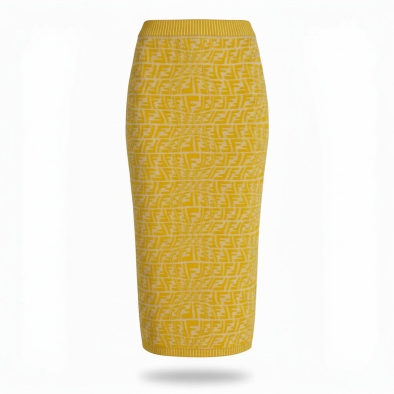 Fendi Zucca Pattern Knit Skirt FF Logo Pencil Yellow Rayon Polyester