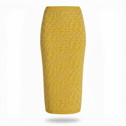 Fendi Zucca Pattern Knit Skirt FF Logo Pencil Yellow Rayon Polyester