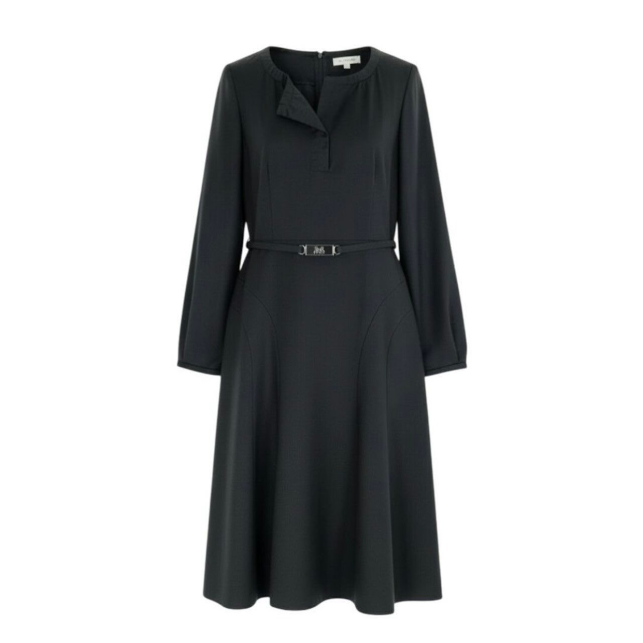 Celine Vintage Carriage Belt a Line Dress Gray Wool Rayon Polyurethane