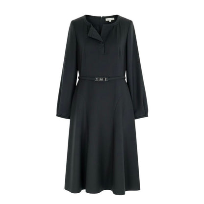 Celine Vintage Carriage Belt a Line Dress Gray Wool Rayon Polyurethane
