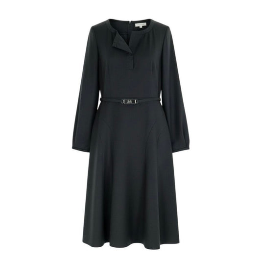 Celine Vintage Carriage Belt a Line Dress Gray Wool Rayon Polyurethane