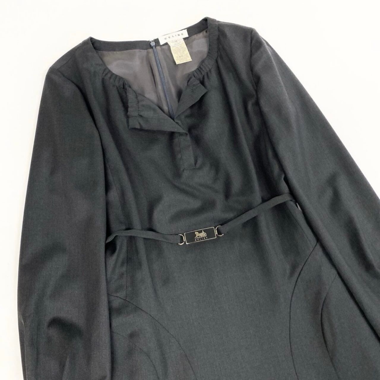 Celine Vintage Carriage Belt a Line Dress Gray Wool Rayon Polyurethane — view 4
