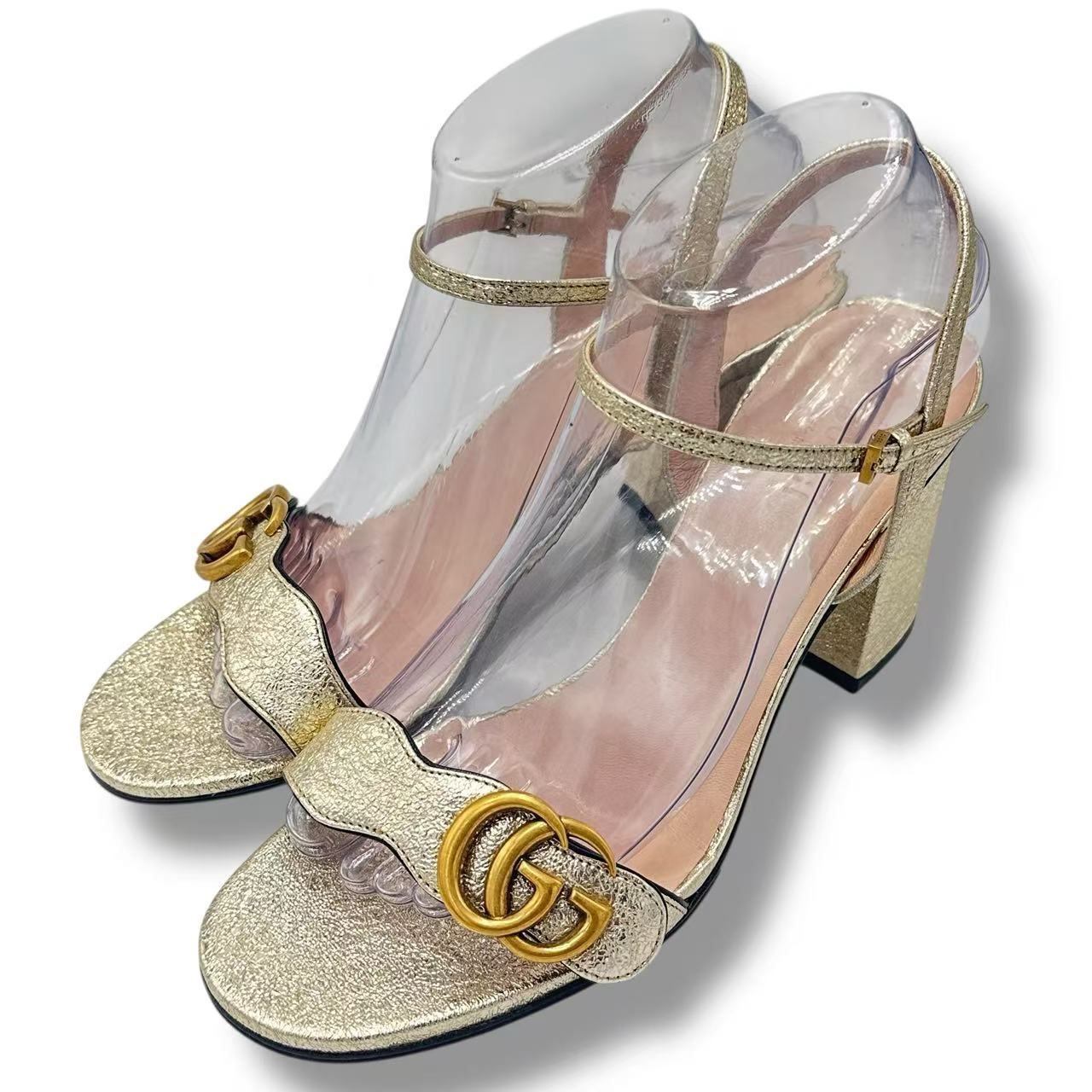 Gucci High Sandals GG Marmont Double Log Leather Gold