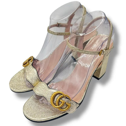 Gucci High Sandals GG Marmont Double Log Leather Gold