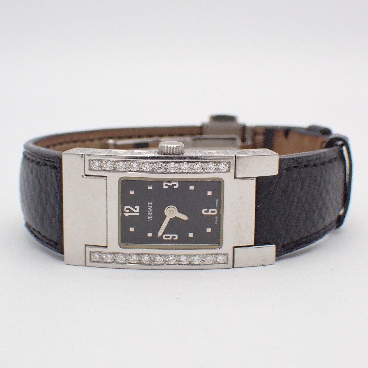 Versace Breath Watch Quartz Diamond Bezel Black Dial Leather Strap Pawn — view 2