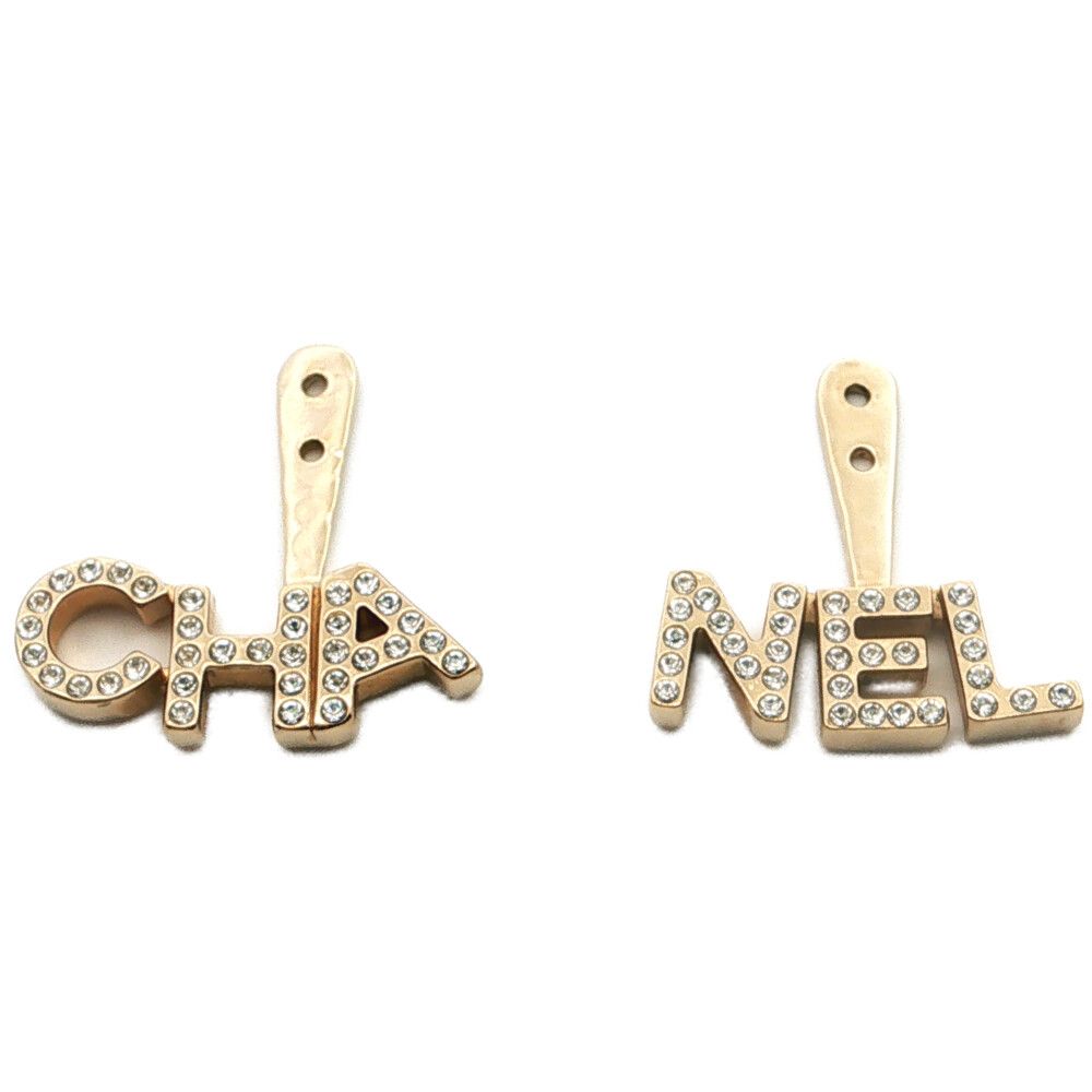 Chanel Logo Motif Rhinestone Setting Costume Earrings Charm Alloy Gold