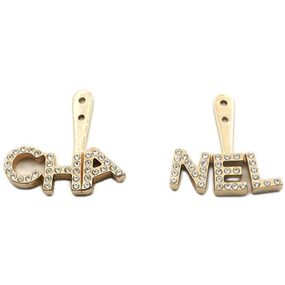Chanel Logo Motif Rhinestone Setting Costume Earrings Charm Alloy Gold