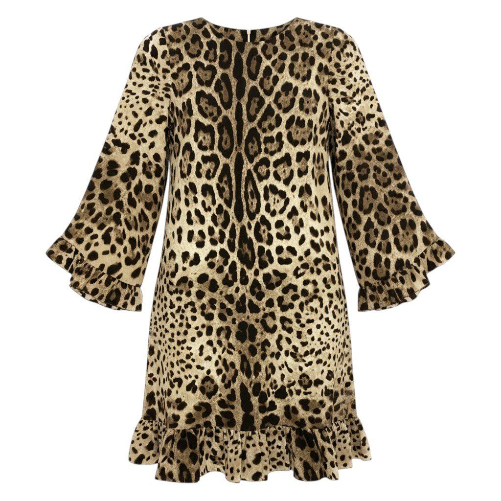 Dolce & Gabbana Leopard Silk Dress Sleeve Ruffle Long 38 Beige Brown