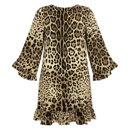 Dolce & Gabbana Leopard Silk Dress Sleeve Ruffle Long 38 Beige Brown