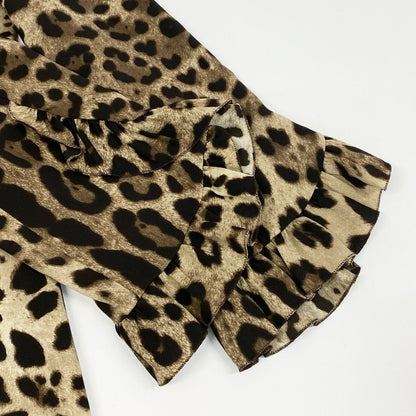 Dolce & Gabbana Leopard Silk Dress Sleeve Ruffle Long 38 Beige Brown — view 5