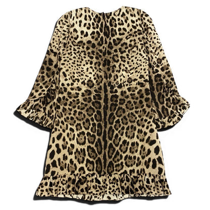 Dolce & Gabbana Leopard Silk Dress Sleeve Ruffle Long 38 Beige Brown — view 3
