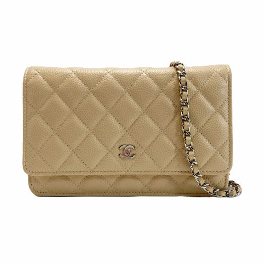 Chanel Quilted Classic Chain Wallet Beige Caviar Leather CC Logo