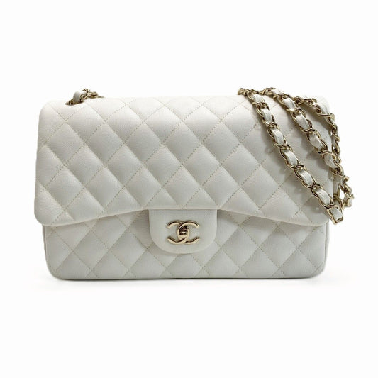 Chanel Quilted Double Flap Chain Shoulder Bag White Caviar Leather