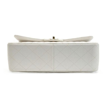 Chanel Quilted Double Flap Chain Shoulder Bag White Caviar Leather — view 3