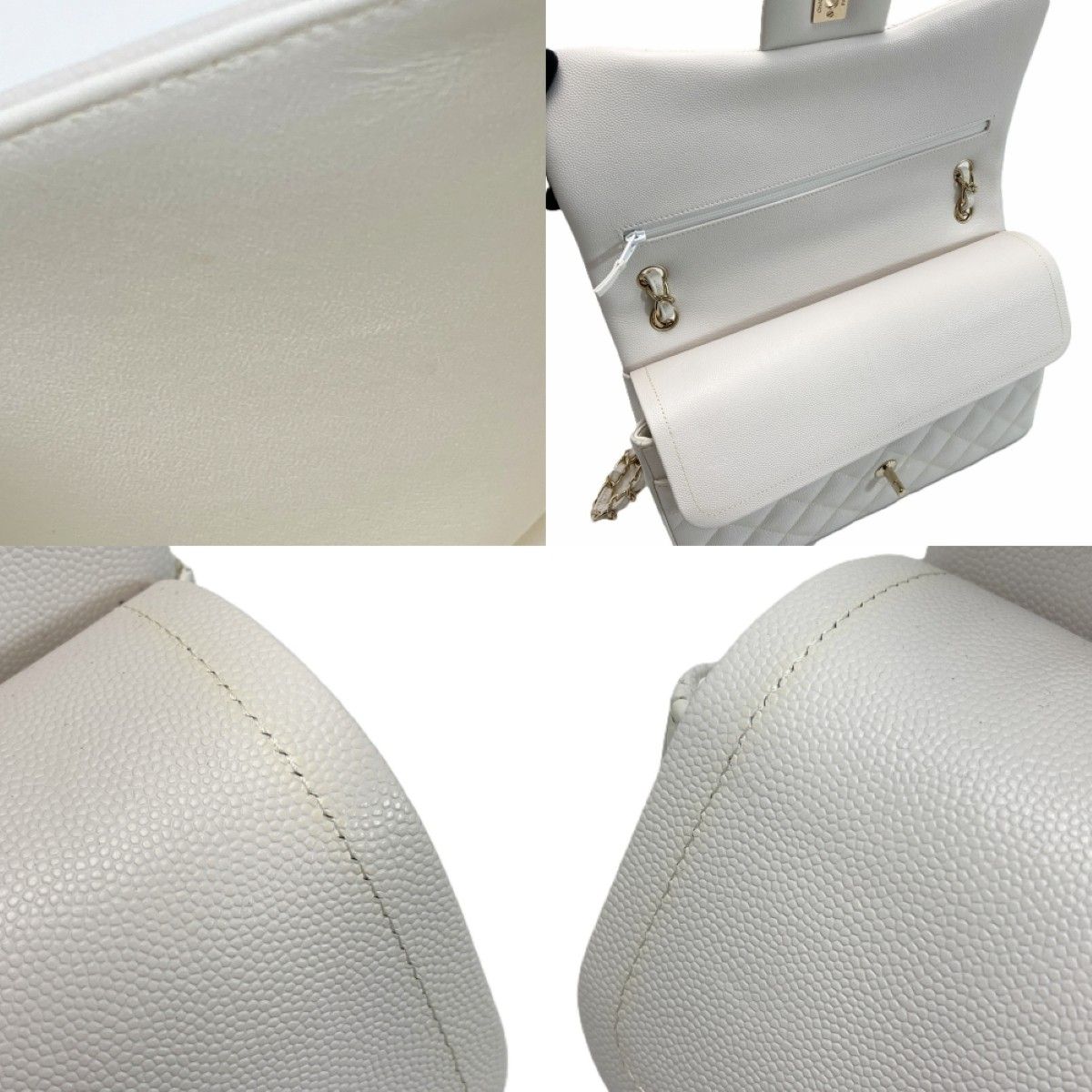 Chanel Quilted Double Flap Chain Shoulder Bag White Caviar Leather — view 6
