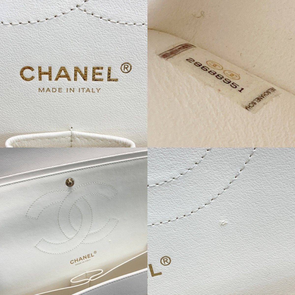 Chanel Quilted Double Flap Chain Shoulder Bag White Caviar Leather — view 5