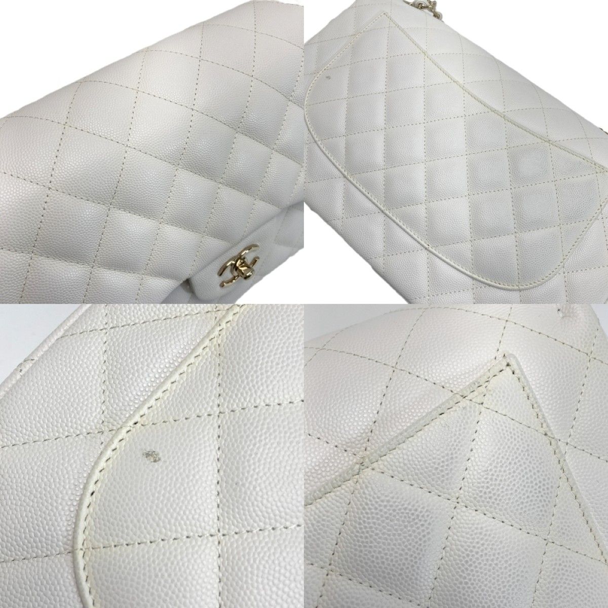 Chanel Quilted Double Flap Chain Shoulder Bag White Caviar Leather — view 8