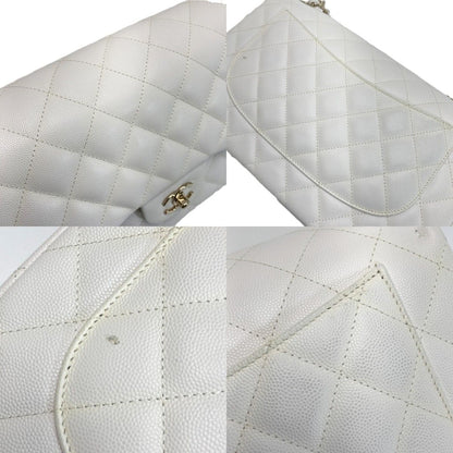 Chanel Quilted Double Flap Chain Shoulder Bag White Caviar Leather — view 8
