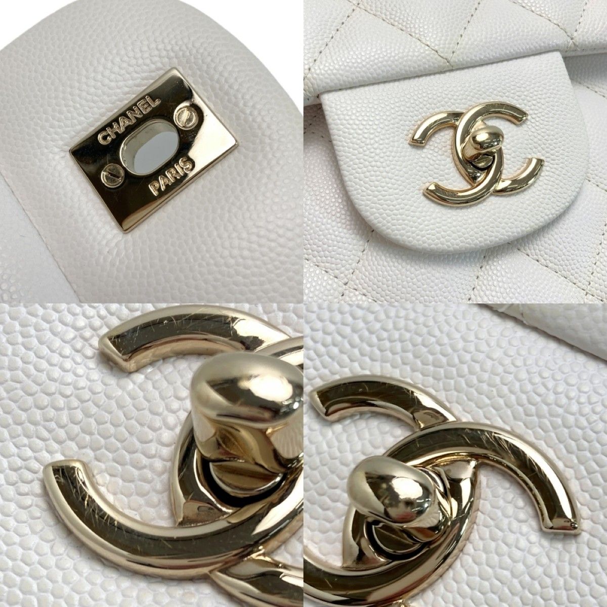 Chanel Quilted Double Flap Chain Shoulder Bag White Caviar Leather — view 7