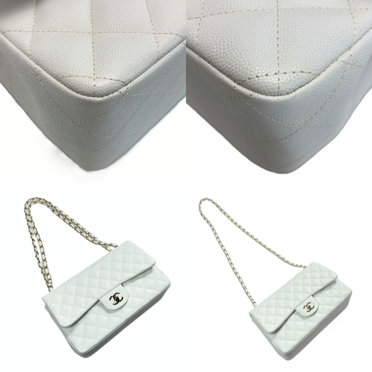 Chanel Quilted Double Flap Chain Shoulder Bag White Caviar Leather — view 9