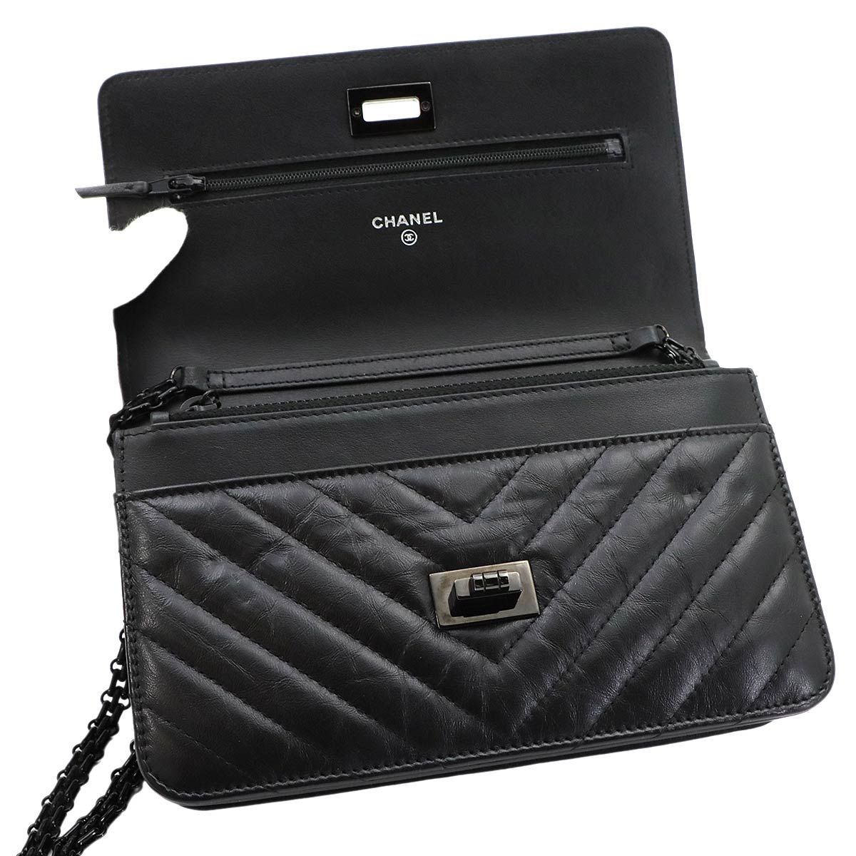 Chanel 2.55 Chain Wallet Leather Black Chez Blanc Stitch — view 7