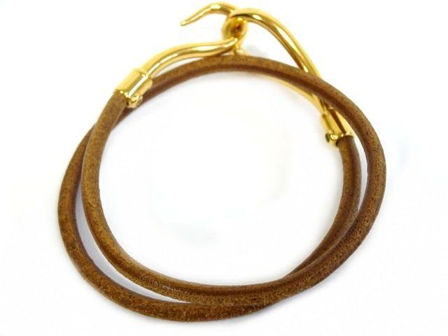 Hermes Jumbo Double Strand Bracelet Choker Gold Leather Brown — view 3