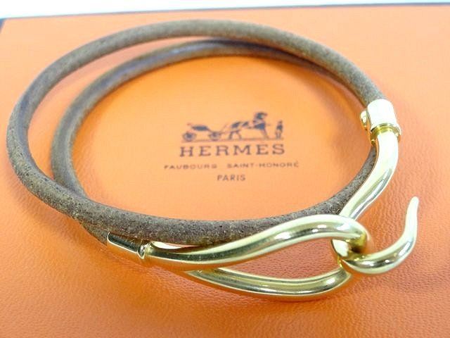 Hermes Jumbo Double Strand Bracelet Choker Gold Leather Brown