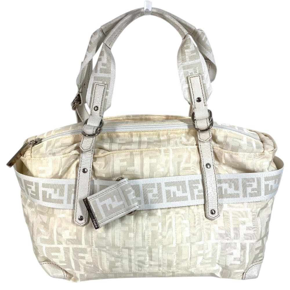 Fendi Handbag Zucca FF Logo Belt Nylon Canvas White