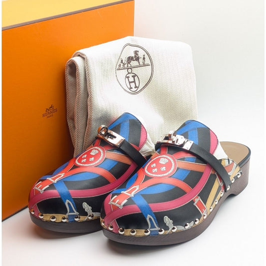 Hermes Carlotta Kelly Wood Sole Sandals Multicolor