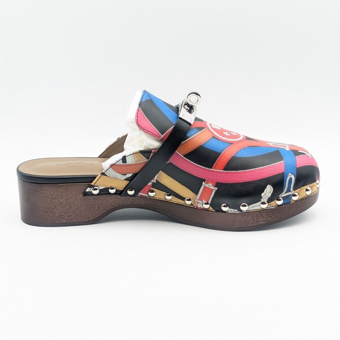 Hermes Carlotta Kelly Wood Sole Sandals Multicolor — view 3