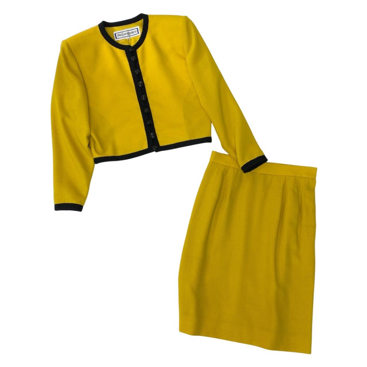 Saint Laurent Vintage YSL Set Skirt Jacket Trim Cooarless Suit S Yellow Black — view 3
