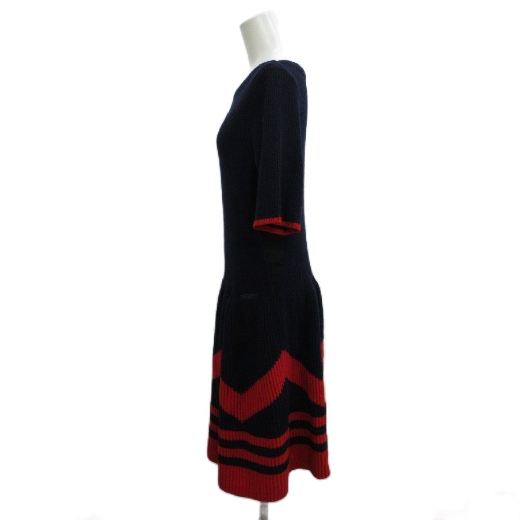 Louis Vuitton Knit Dress Wool XL Navy Red Half Sleeve Chez Blanc Pattern Border — view 3