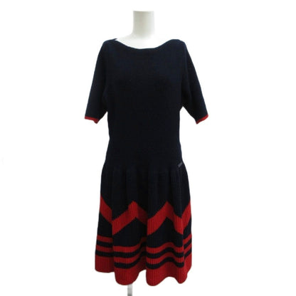 Louis Vuitton Knit Dress Wool XL Navy Red Half Sleeve Chez Blanc Pattern Border