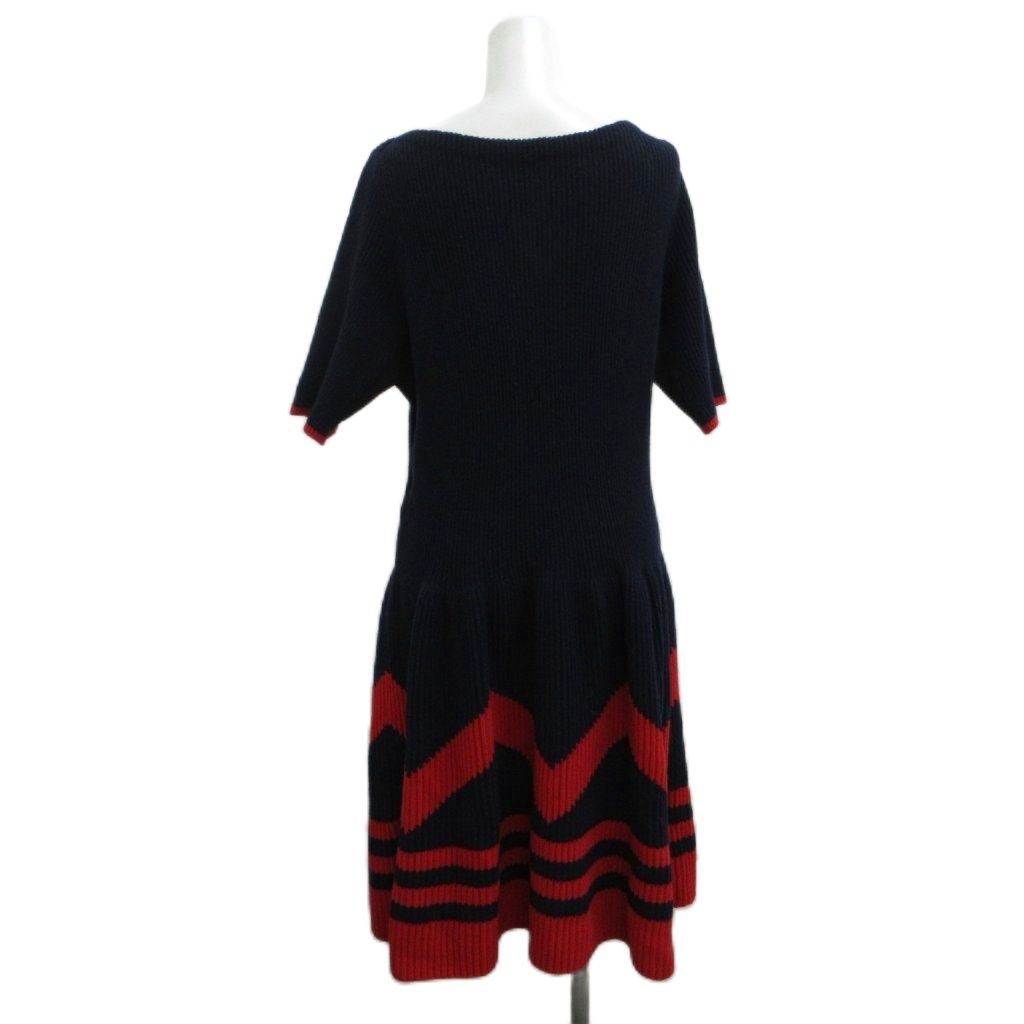 Louis Vuitton Knit Dress Wool XL Navy Red Half Sleeve Chez Blanc Pattern Border — view 2