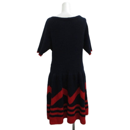Louis Vuitton Knit Dress Wool XL Navy Red Half Sleeve Chez Blanc Pattern Border — view 2