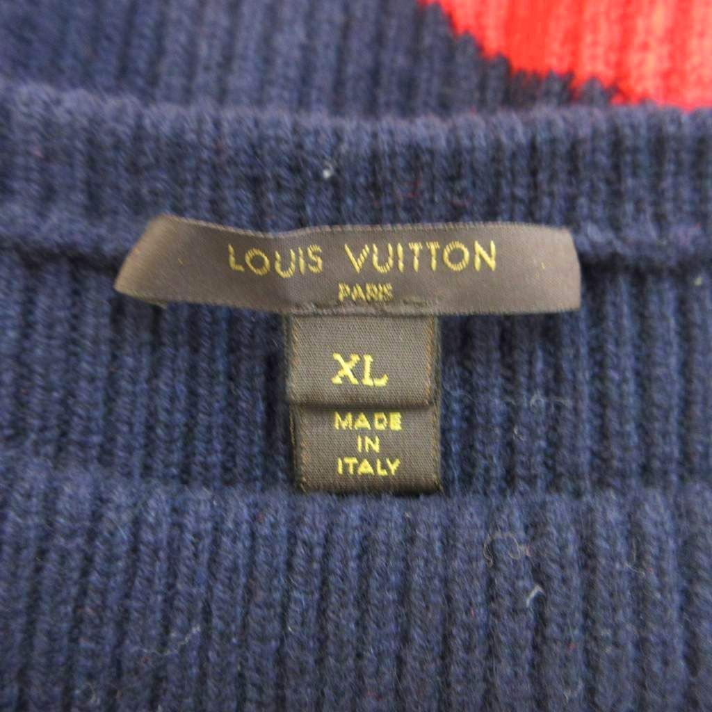 Louis Vuitton Knit Dress Wool XL Navy Red Half Sleeve Chez Blanc Pattern Border — view 5