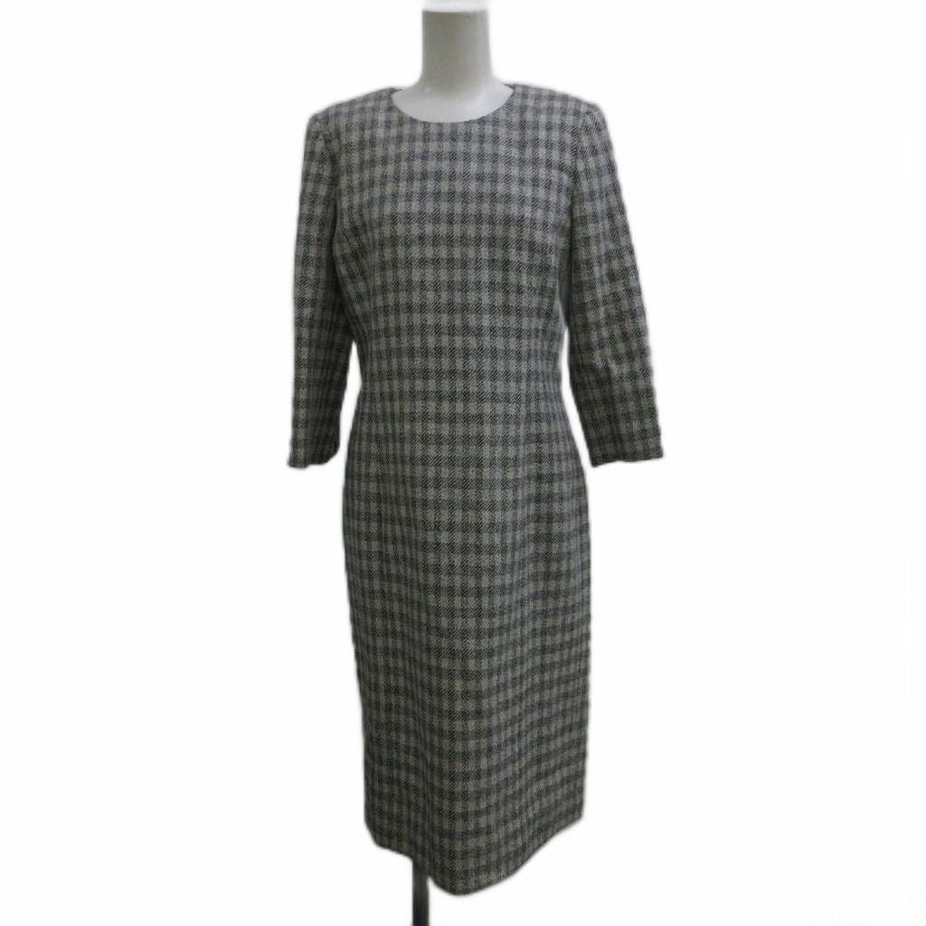 Dior Dress Silk 11 Gray Black Plaid Round Neck 3/4 Sleeve Midi Length PP