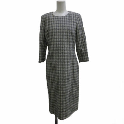Dior Dress Silk 11 Gray Black Plaid Round Neck 3/4 Sleeve Midi Length PP