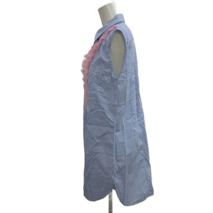Prada Shirt Blouse 44 Blue Pink Striped Pattern Sleeveless Ruffle PP — view 3