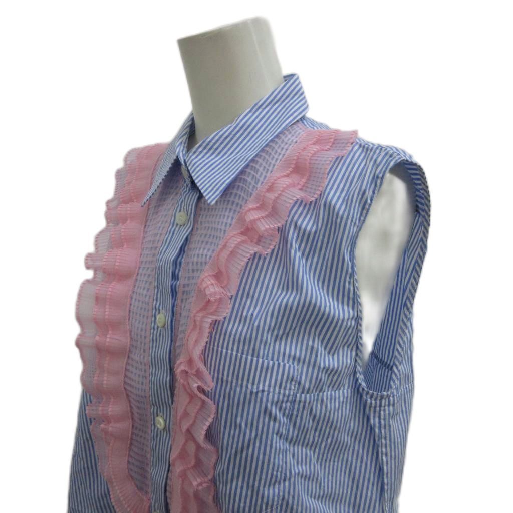 Prada Shirt Blouse 44 Blue Pink Striped Pattern Sleeveless Ruffle PP — view 4
