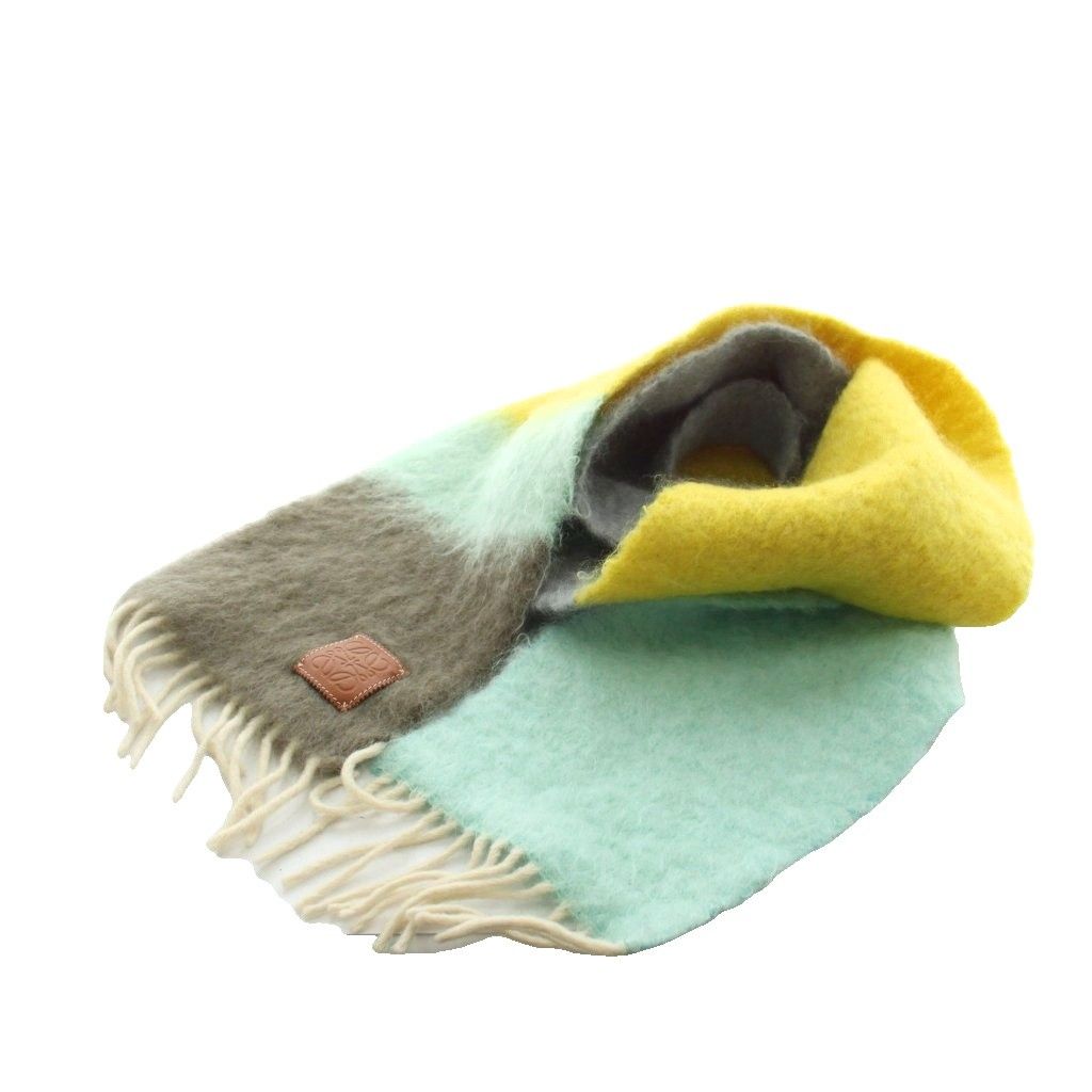Loewe Anagram Scarf Fringe Mohair Multicolor Gray Yellow Light Blue